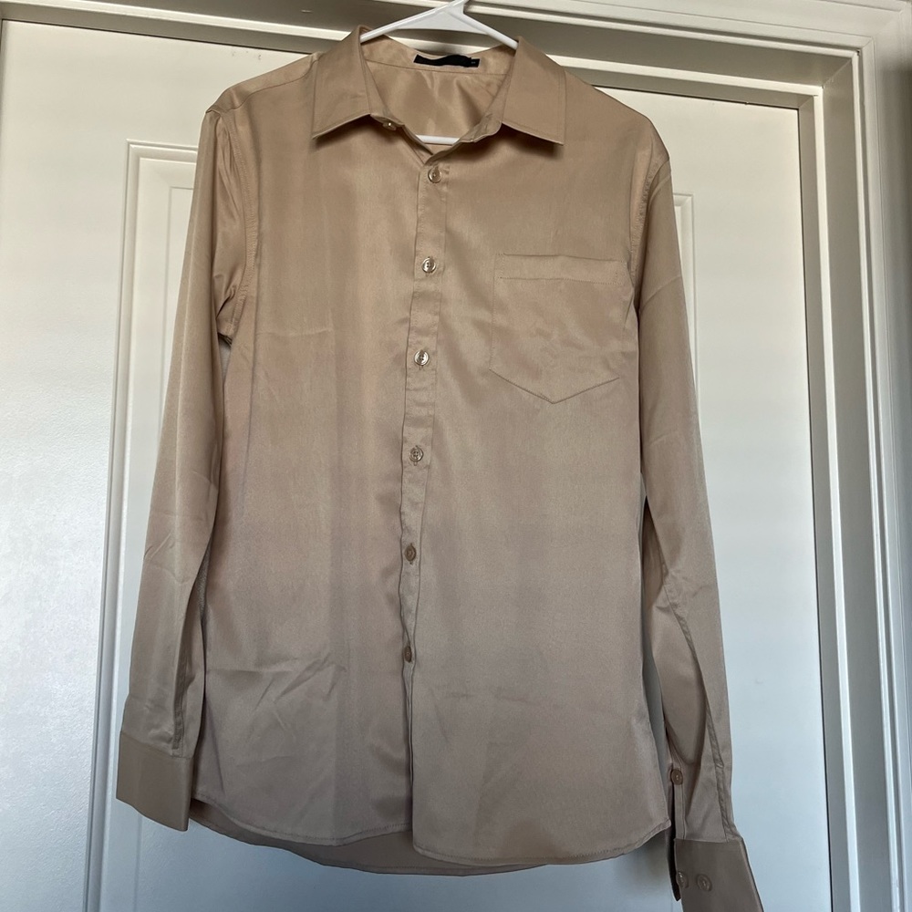Tan collared button up shirt. Satin. Size small. Never worn.